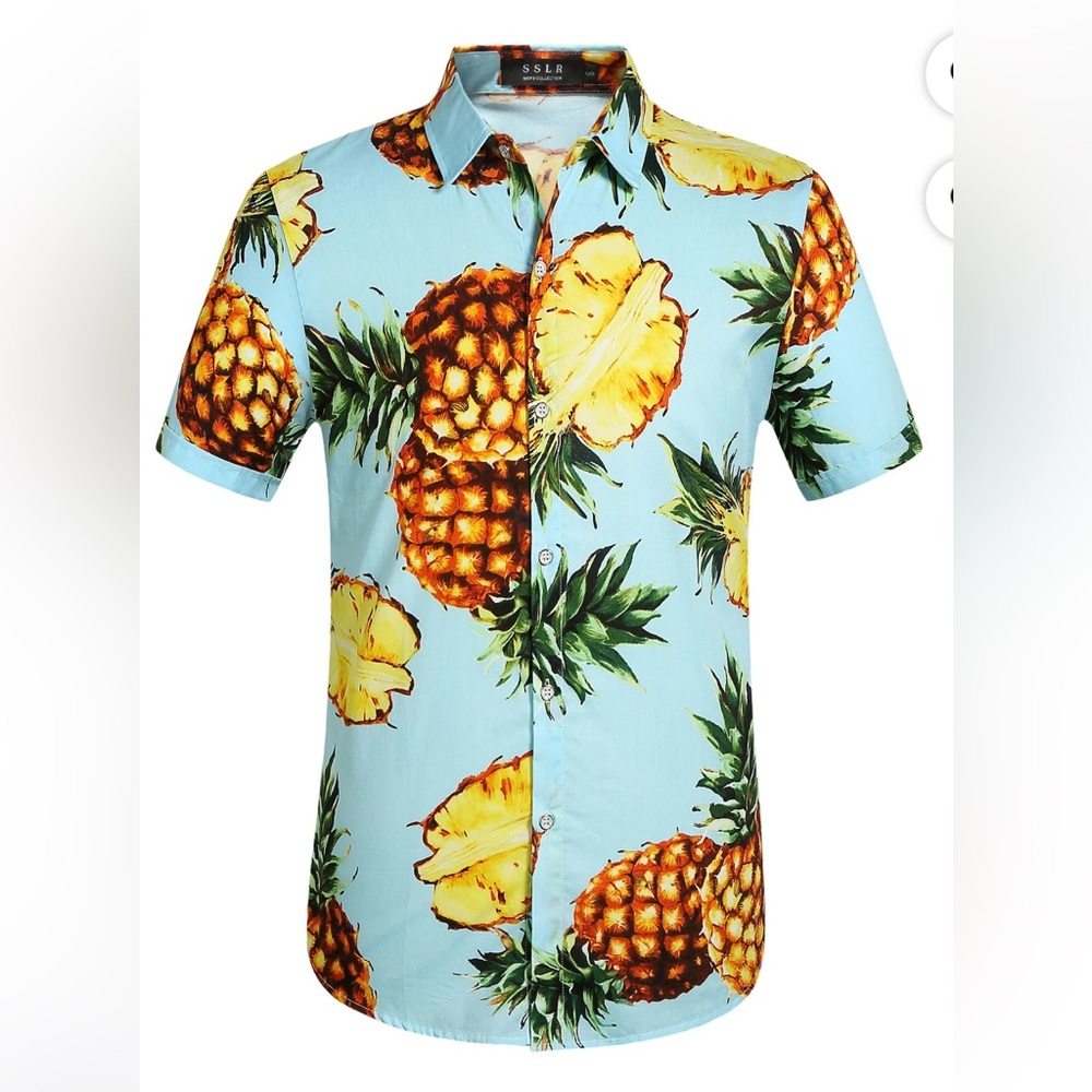 🌸3/$15 SSLR Hawaiian Pineapple 100% Cotton Short Sleeve Button Down Shirt Medium